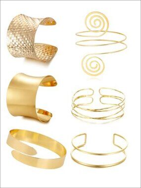 Gold Plated Metal Arm Cuff Bracelet Set Open Design Adjustable 6 Pieces